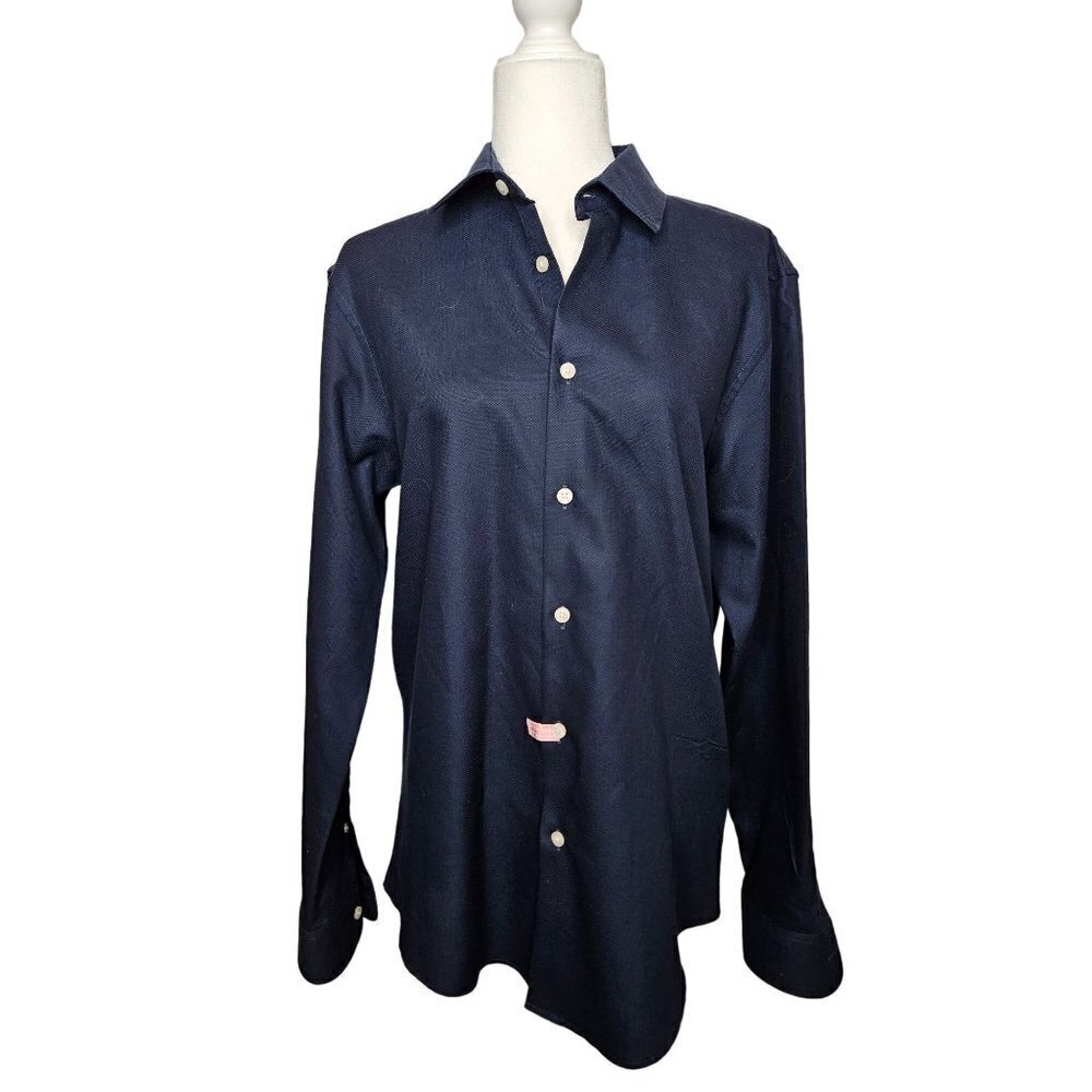 Zara Sz Large Slim Fit‎ Button Shirt Navy Blue Textured Long Sleeve Cotton Blend